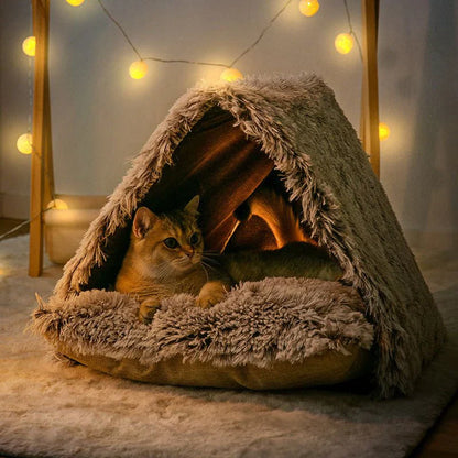Fluffy Cat Tent in plush fabric, perfect for indoor relaxation